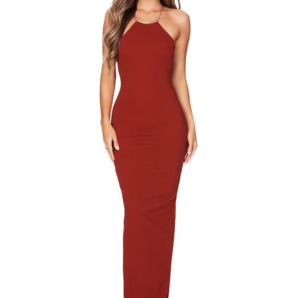 Nookie gown in rust with gold chain straps